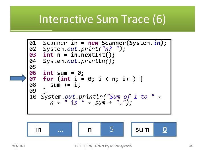 Interactive Sum Trace (6) 01 Scanner in = new Scanner(System. in); 02 System. out.
