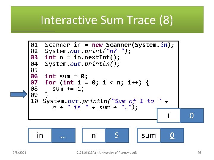 Interactive Sum Trace (8) 01 Scanner in = new Scanner(System. in); 02 System. out.