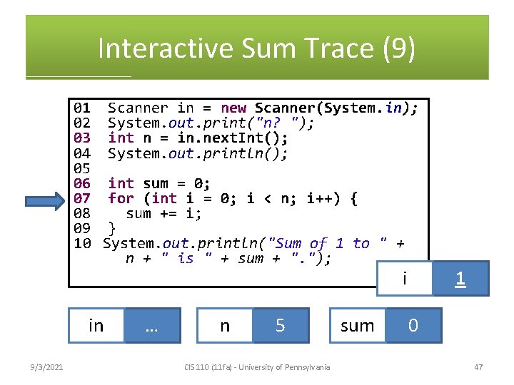 Interactive Sum Trace (9) 01 Scanner in = new Scanner(System. in); 02 System. out.