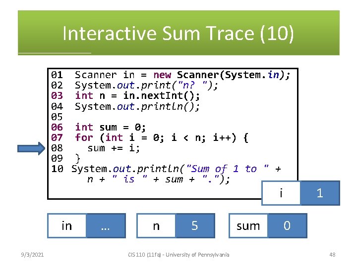 Interactive Sum Trace (10) 01 Scanner in = new Scanner(System. in); 02 System. out.