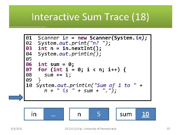 Interactive Sum Trace (18) 01 Scanner in = new Scanner(System. in); 02 System. out.