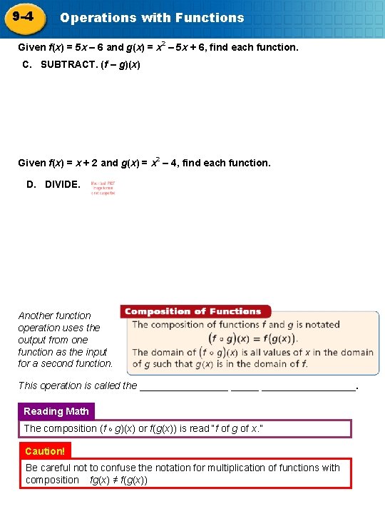 9 -4 Operations with Functions Given f(x) = 5 x – 6 and g(x)