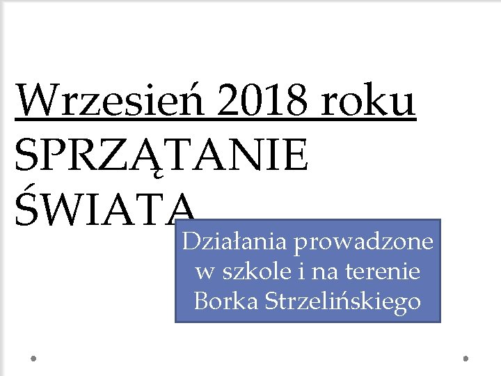 Wrzesień 2018 roku SPRZĄTANIE ŚWIATA Działania prowadzone w szkole i na terenie Borka Strzelińskiego