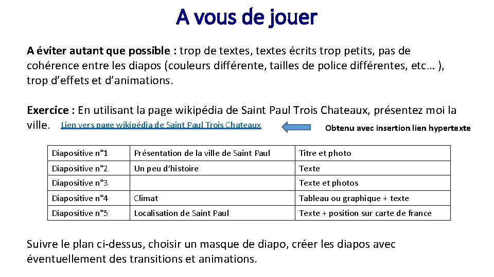 A vous de jouer A éviter autant que possible : trop de textes, textes