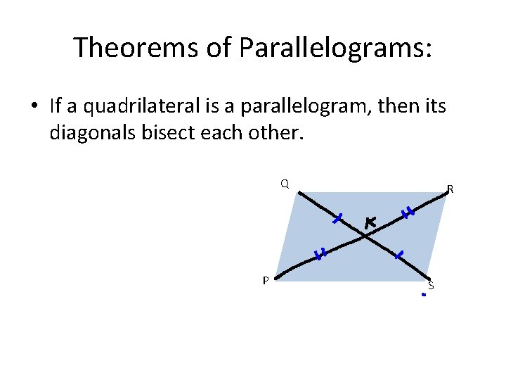 Theorems of Parallelograms: • If a quadrilateral is a parallelogram, then its diagonals bisect