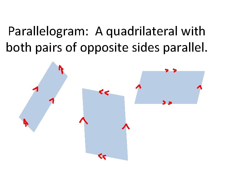 Parallelogram: A quadrilateral with both pairs of opposite sides parallel. 