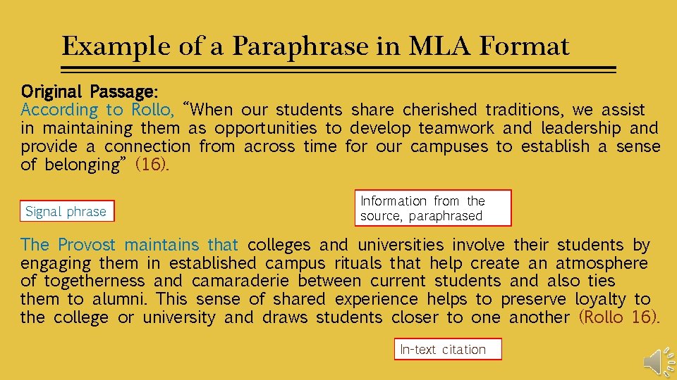 Example of a Paraphrase in MLA Format Original Passage: According to Rollo, “When our