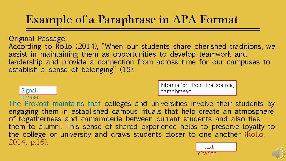 Example of a Paraphrase in APA Format Original Passage: According to Rollo (2014), “When