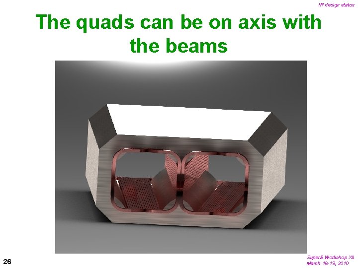 IR design status The quads can be on axis with the beams 26 Super.