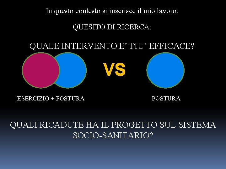 In questo contesto si inserisce il mio lavoro: QUESITO DI RICERCA: QUALE INTERVENTO E’