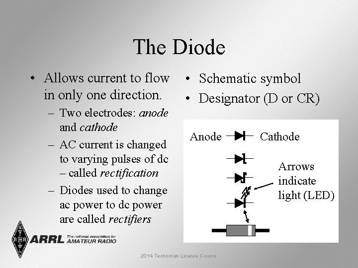 The Diode • Allows current to flow in only one direction. – Two electrodes: