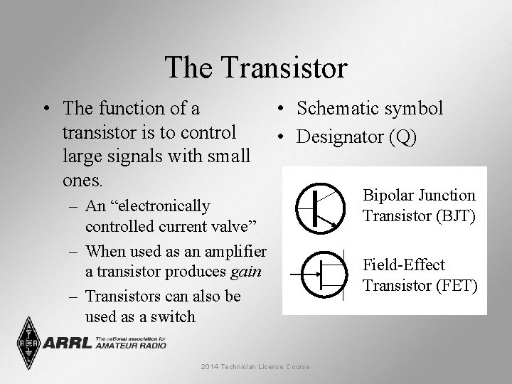 The Transistor • The function of a transistor is to control large signals with