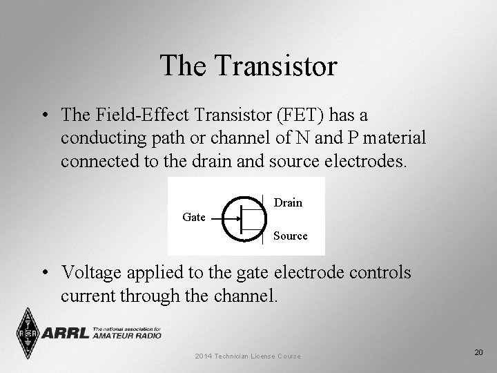 The Transistor • The Field-Effect Transistor (FET) has a conducting path or channel of