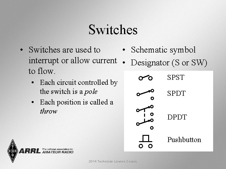 Switches • Switches are used to • Schematic symbol interrupt or allow current •