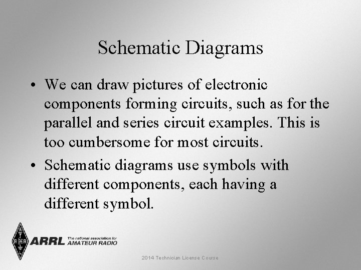 Schematic Diagrams • We can draw pictures of electronic components forming circuits, such as