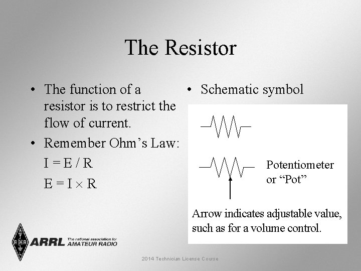 The Resistor • The function of a • Schematic symbol resistor is to restrict