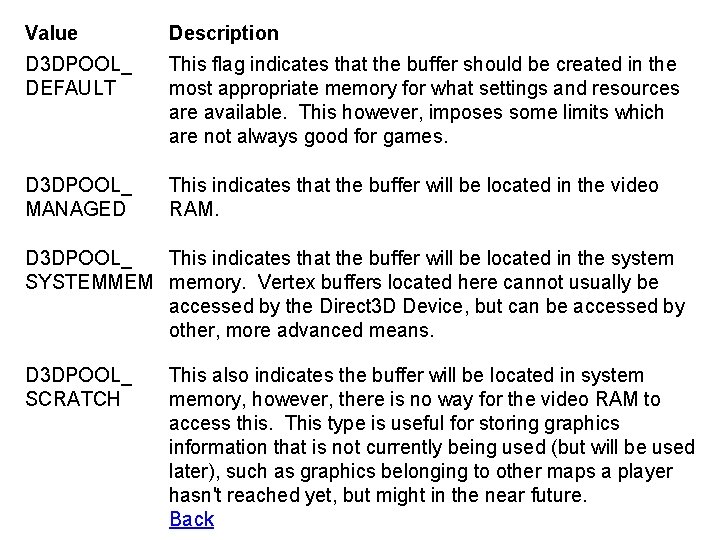 Value Description D 3 DPOOL_ DEFAULT This flag indicates that the buffer should be