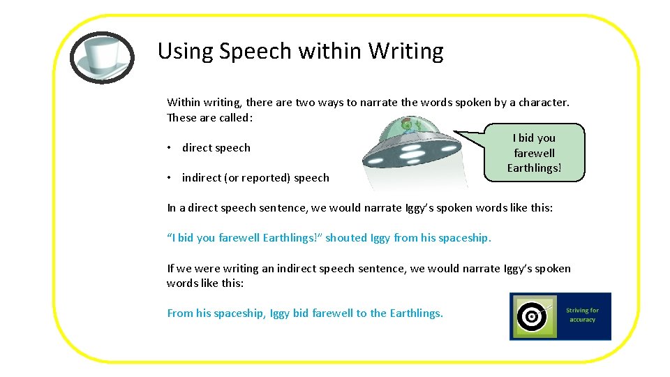 Using Speech within Writing Within writing, there are two ways to narrate the words
