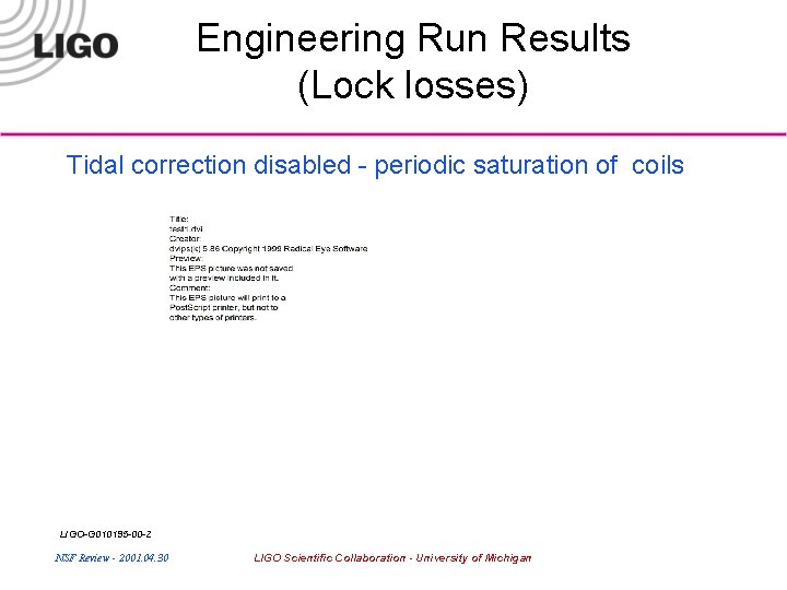 Engineering Run Results (Lock losses) Tidal correction disabled - periodic saturation of coils LIGO-G