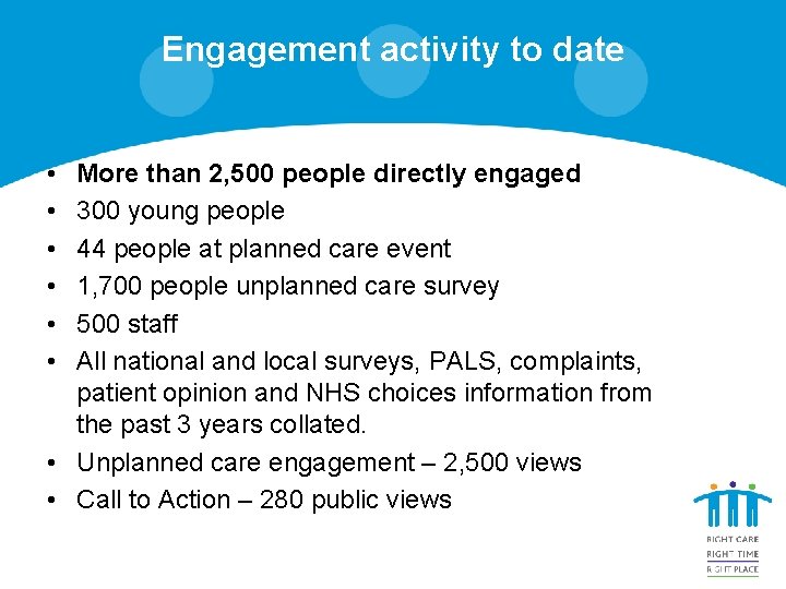 Engagement activity to date • • • More than 2, 500 people directly engaged Engagement activity to date • • • More than 2, 500 people directly engaged
