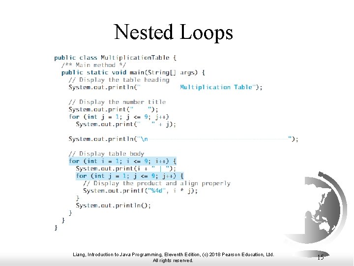 Nested Loops Liang, Introduction to Java Programming, Eleventh Edition, (c) 2018 Pearson Education, Ltd.