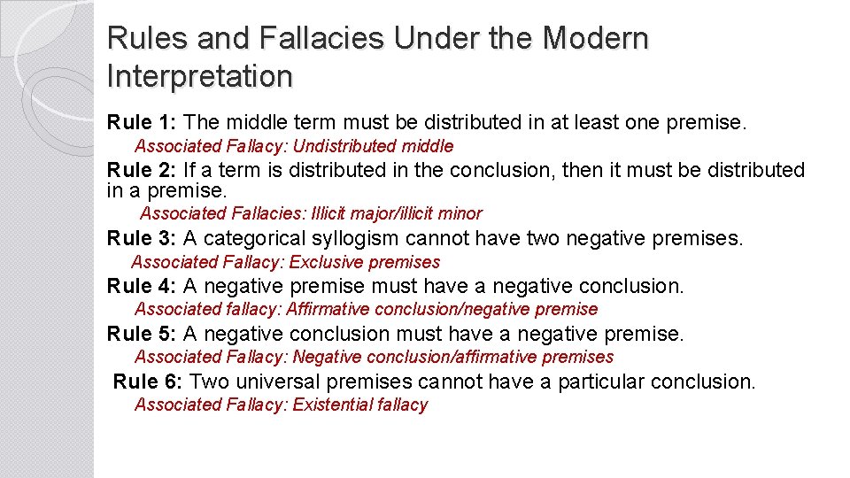 Rules and Fallacies Under the Modern Interpretation Rule 1: The middle term must be