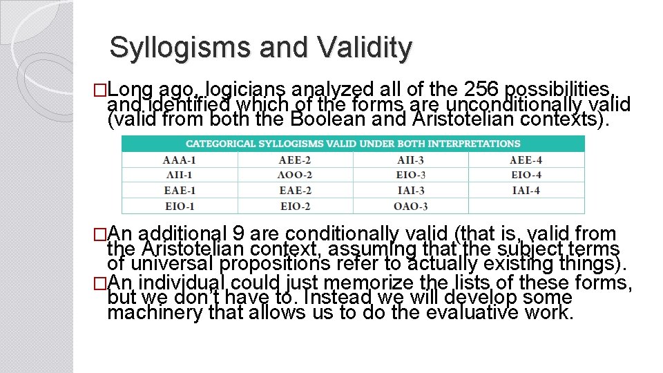 Syllogisms and Validity �Long ago, logicians analyzed all of the 256 possibilities, and identified