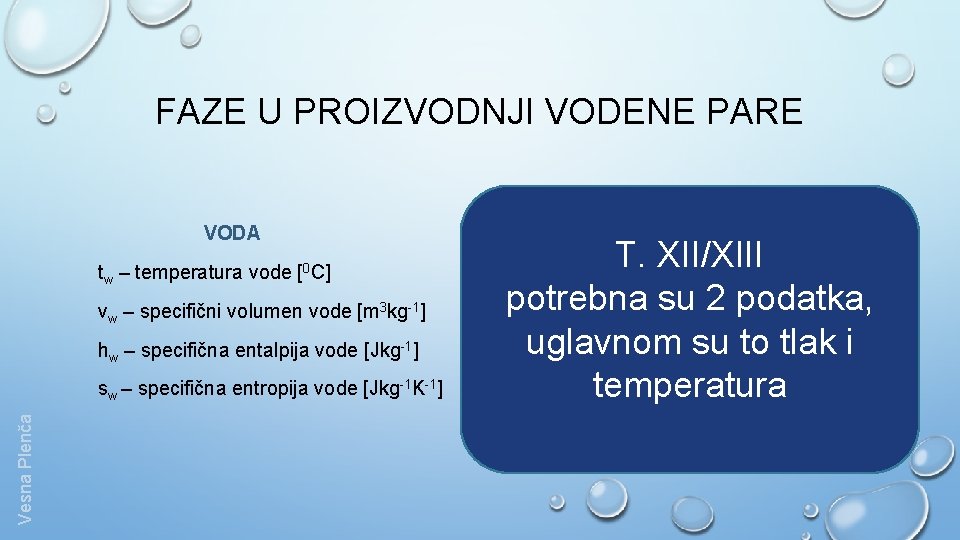 FAZE U PROIZVODNJI VODENE PARE VODA tw – temperatura vode [0 C] vw –