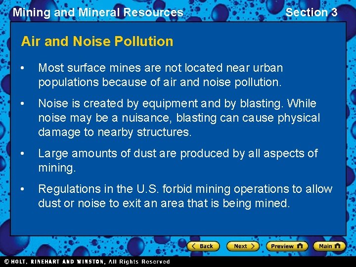 Mining and Mineral Resources Section 3 Air and Noise Pollution • Most surface mines