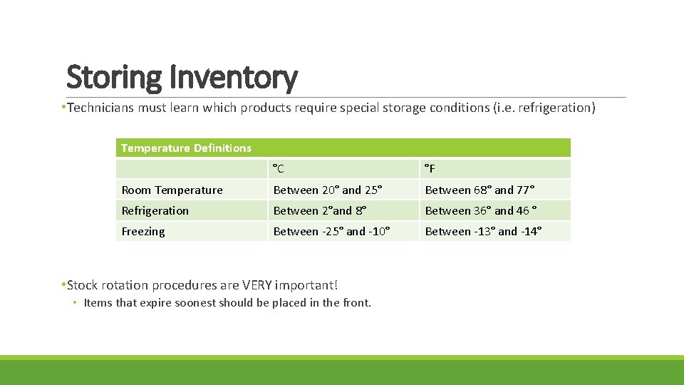 Storing Inventory • Technicians must learn which products require special storage conditions (i. e.