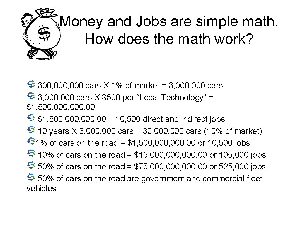 Money and Jobs are simple math. How does the math work? 300, 000 cars