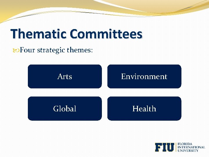 Thematic Committees Four strategic themes: Arts Environment Global Health 