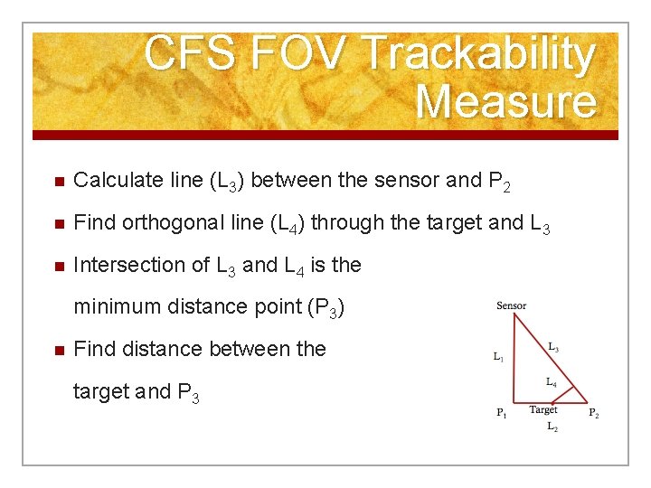 CFS FOV Trackability Measure n Calculate line (L 3) between the sensor and P