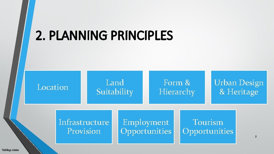 2. PLANNING PRINCIPLES Location Land Suitability Infrastructure Provision Siddiqa Amin Form & Hierarchy Employment