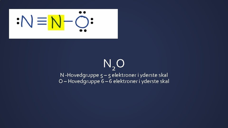 N 2 O N -Hovedgruppe 5 – 5 elektroner i yderste skal O –