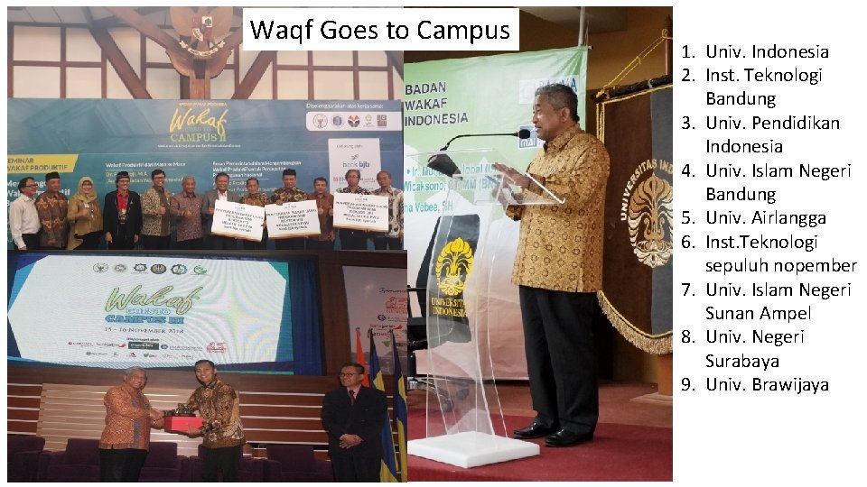 Waqf Goes to Campus 1. Univ. Indonesia 2. Inst. Teknologi Bandung 3. Univ. Pendidikan