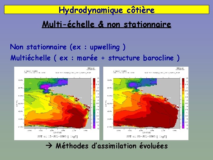 Hydrodynamique côtière Multi-échelle & non stationnaire Non stationnaire (ex : upwelling ) Multiéchelle (