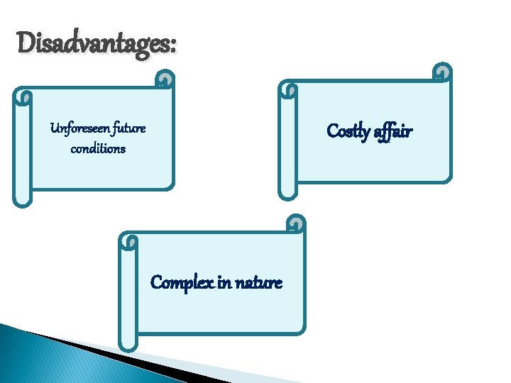 Disadvantages: Unforeseen future conditions Costly affair Complex in nature 