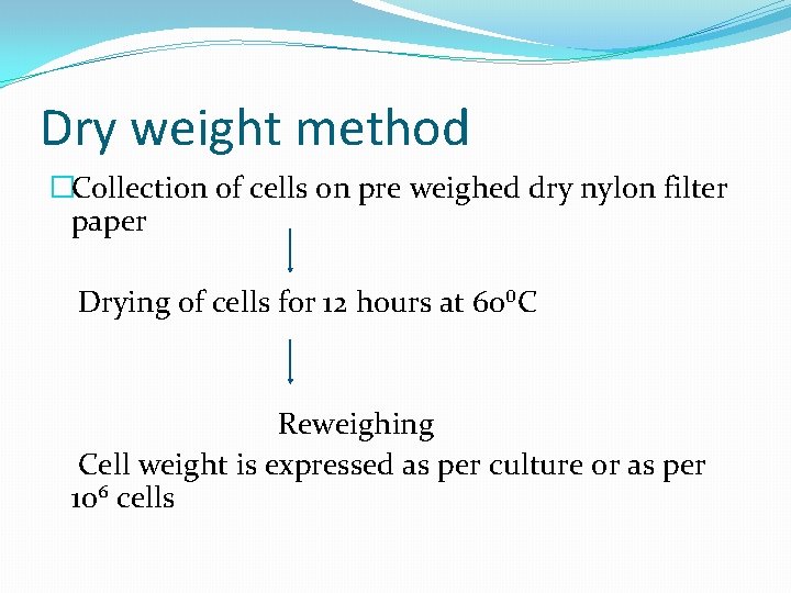 Dry weight method �Collection of cells on pre weighed dry nylon filter paper Drying