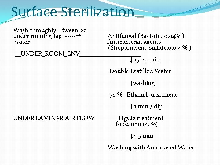 Surface Sterilization Wash throughly tween-20 under running tap ----- water Antifungal (Bavistin; 0. 04%