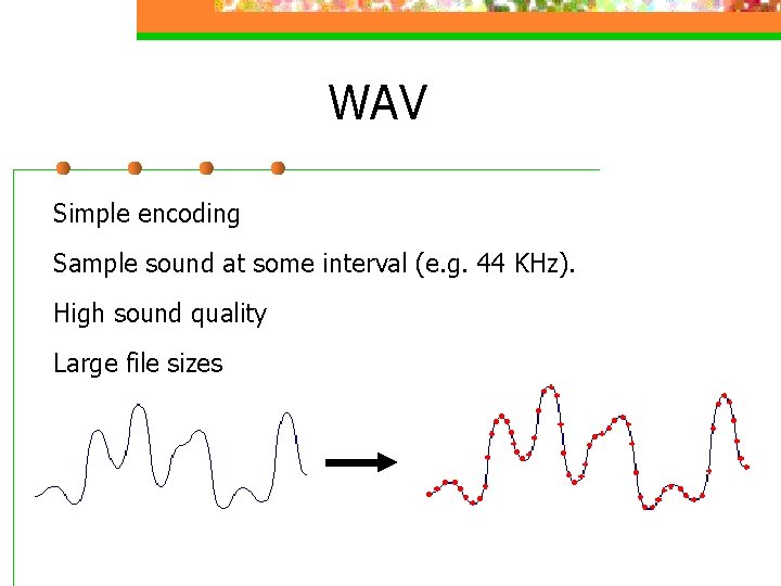WAV Simple encoding Sample sound at some interval (e. g. 44 KHz). High sound