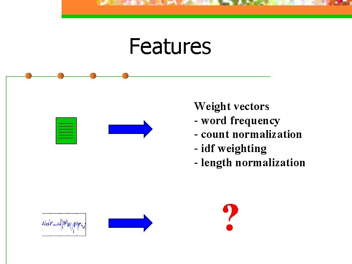 Features Weight vectors - word frequency - count normalization - idf weighting - length