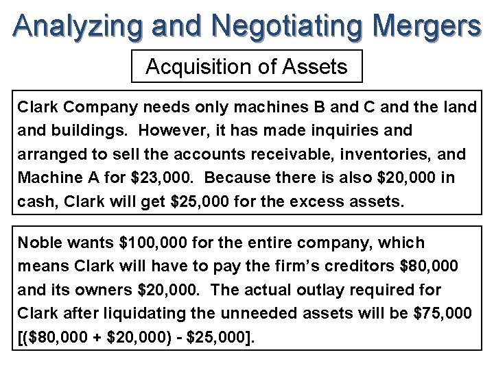 Analyzing and Negotiating Mergers Acquisition of Assets Clark Company needs only machines B and
