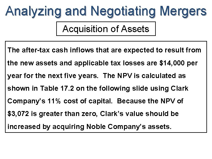 Analyzing and Negotiating Mergers Acquisition of Assets The after-tax cash inflows that are expected