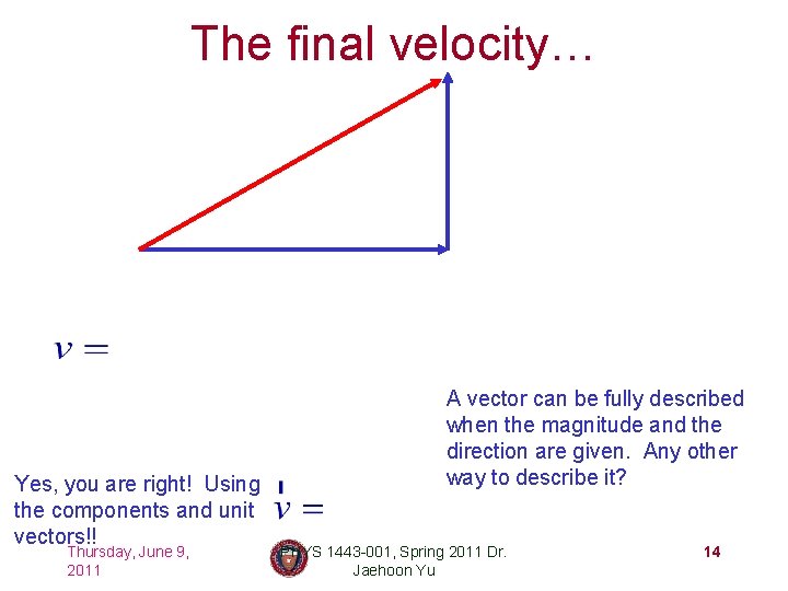 The final velocity… Yes, you are right! Using the components and unit vectors!! Thursday,