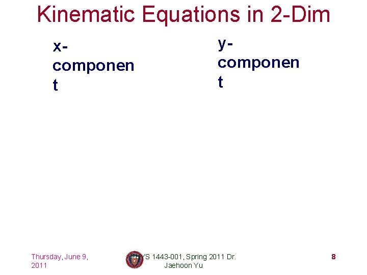 Kinematic Equations in 2 -Dim xcomponen t Thursday, June 9, 2011 ycomponen t PHYS