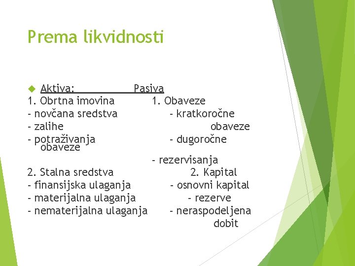 Prema likvidnosti Aktiva: 1. Obrtna imovina - novčana sredstva - zalihe - potraživanja obaveze