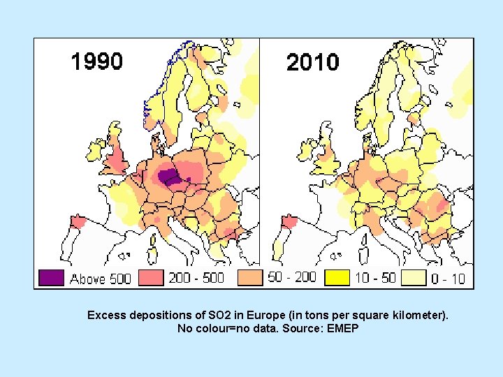 Excess depositions of SO 2 in Europe (in tons per square kilometer). No colour=no