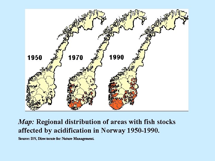 Map: Regional distribution of areas with fish stocks affected by acidification in Norway 1950