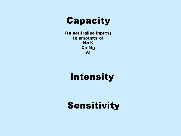 Capacity (to neutralise inputs) ie amounts of Na K Ca Mg Al Intensity Sensitivity